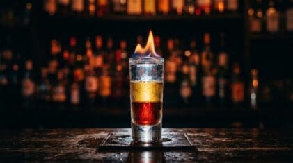 Layered cinnamon-fireball, tequila, and flaming sambuca shot