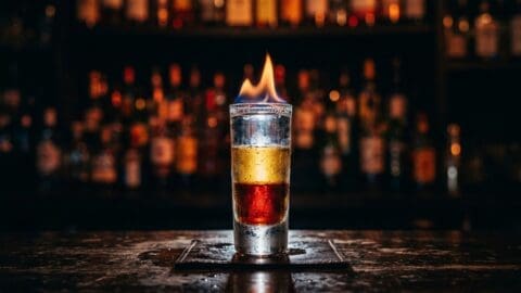 Layered cinnamon-fireball, tequila, and flaming sambuca shot