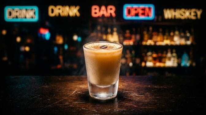 Screaming Orgasm shot in a chilled shot glass with creamy tan colour from Kahlua, Baileys, vodka and amaretto