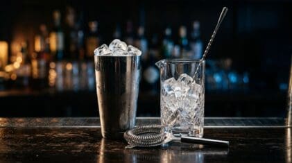 A cocktail shaker and a mixing glass with bar spoon side by side on a dark bar counter, both with ice inside, showing the two core bartending techniques.