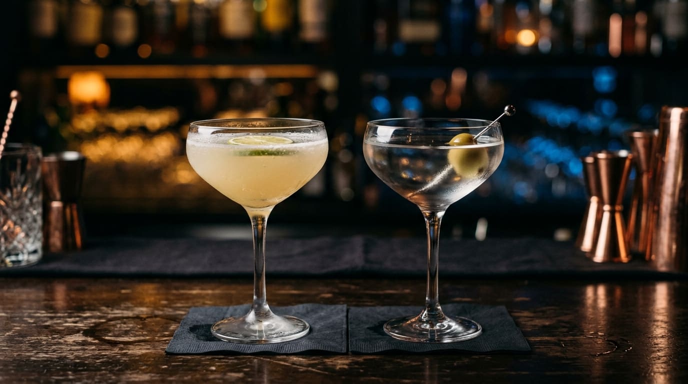 Two Martini glasses side by side: cloudy aerated shaken cocktail left, crystal-clear stirred cocktail right.