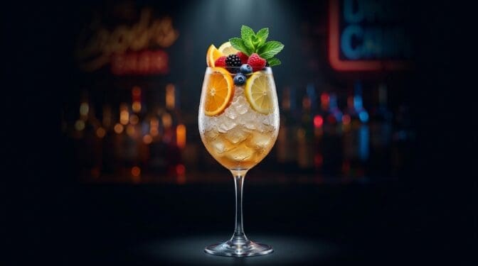 Sherry Cobbler cocktail in a tall goblet packed with crushed ice and seasonal fruit garnish, amber sherry visible through ice