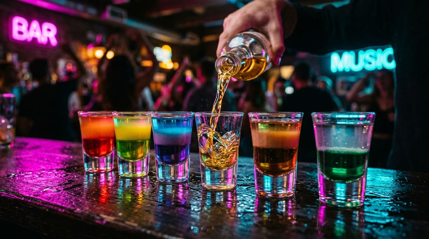 Row of layered rainbow shots in a neon-lit dive bar