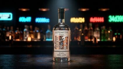 Sipsmith London Dry Gin bottle on a dark bar.