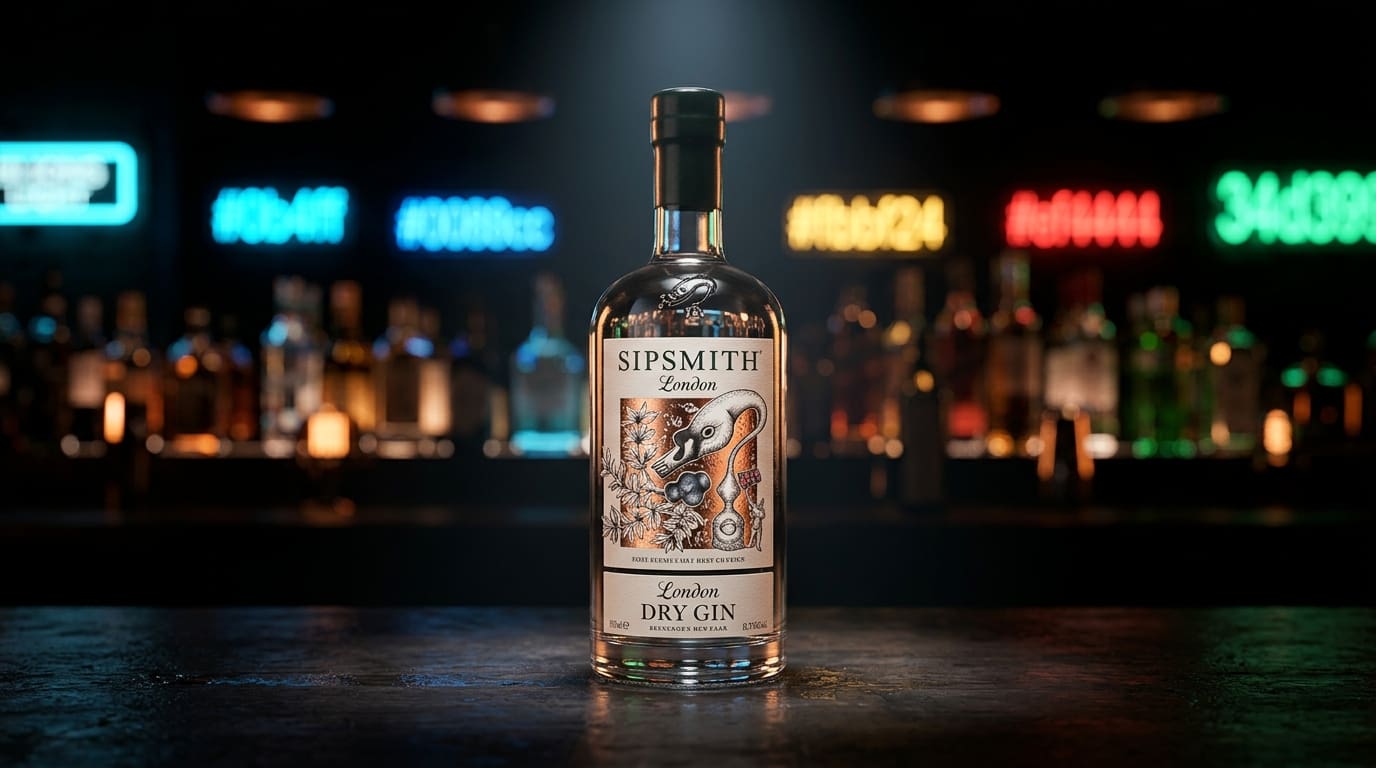 Sipsmith London Dry Gin bottle on a dark bar.