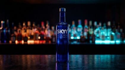 Skyy Vodka bottle on a dark bar.
