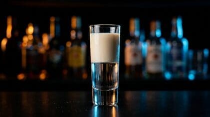 Slippery Nipple shot with clear sambuca and Baileys.