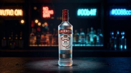 Smirnoff No. 21 vodka bottle on a dark bar.