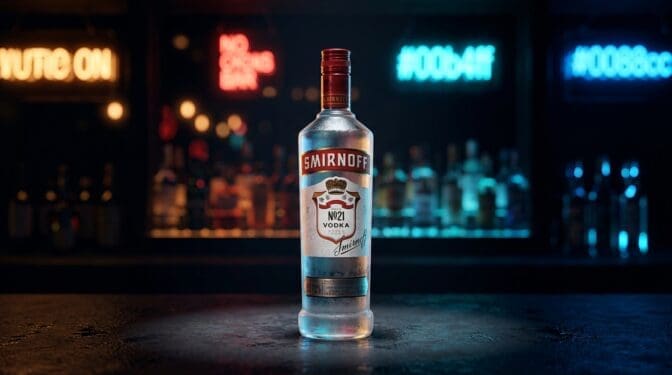 Smirnoff No. 21 vodka bottle on a dark bar.