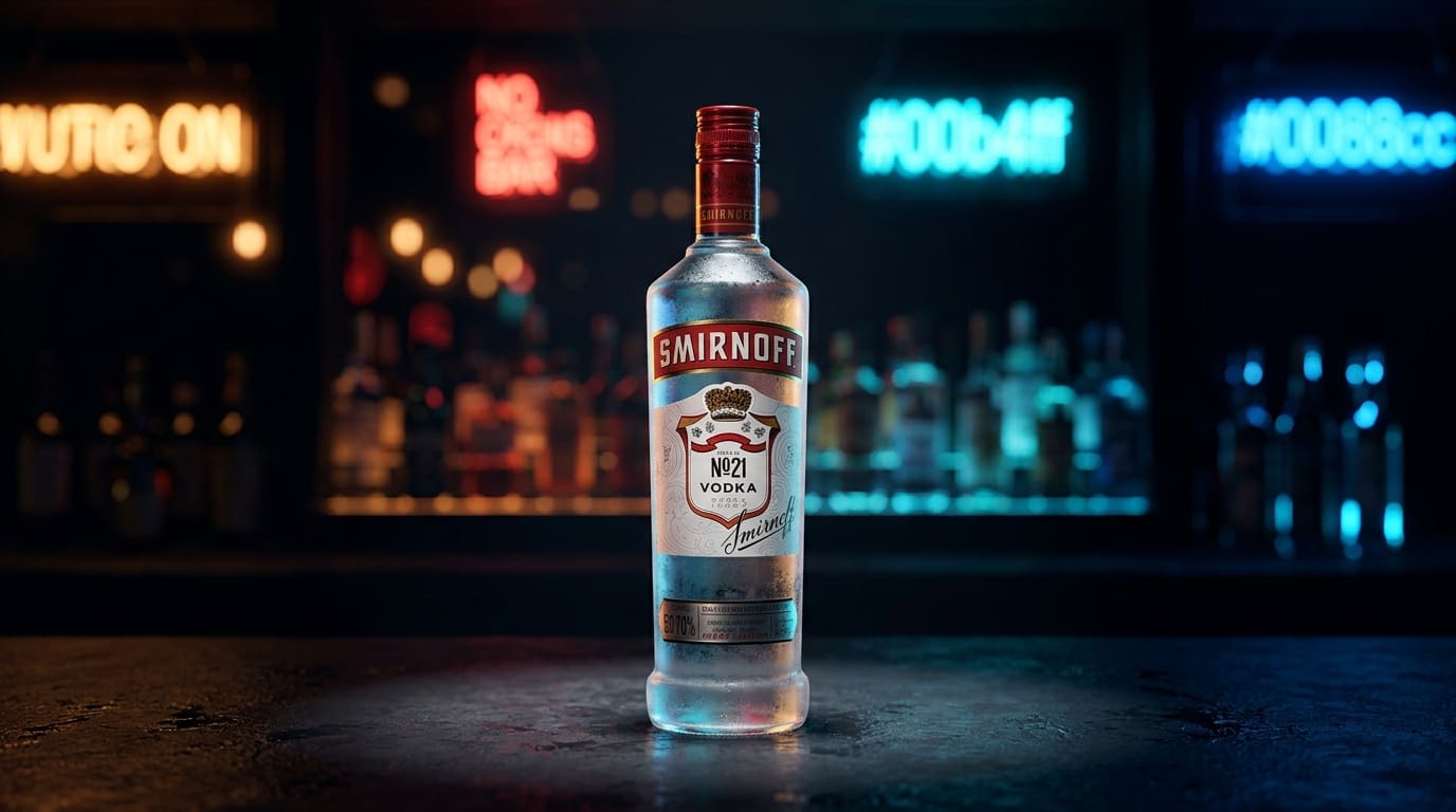 Smirnoff No. 21 vodka bottle on a dark bar.