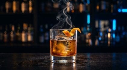 Smoked Old Fashioned: bourbon with smoke curling out of the glass.