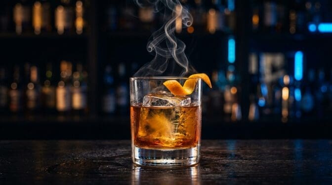 Smoked Old Fashioned: bourbon with smoke curling out of the glass.