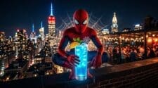 Red and blue masked figure on NYC rooftop bar holding electric blue cocktail