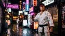 White karate gi fighter holding sake cup of glowing pink liquid in neon Tokyo arcade