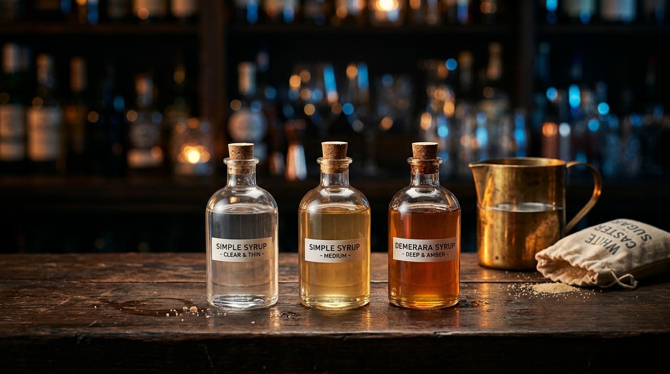 Three small glass bottles of sugar syrup at different viscosities and colours.
