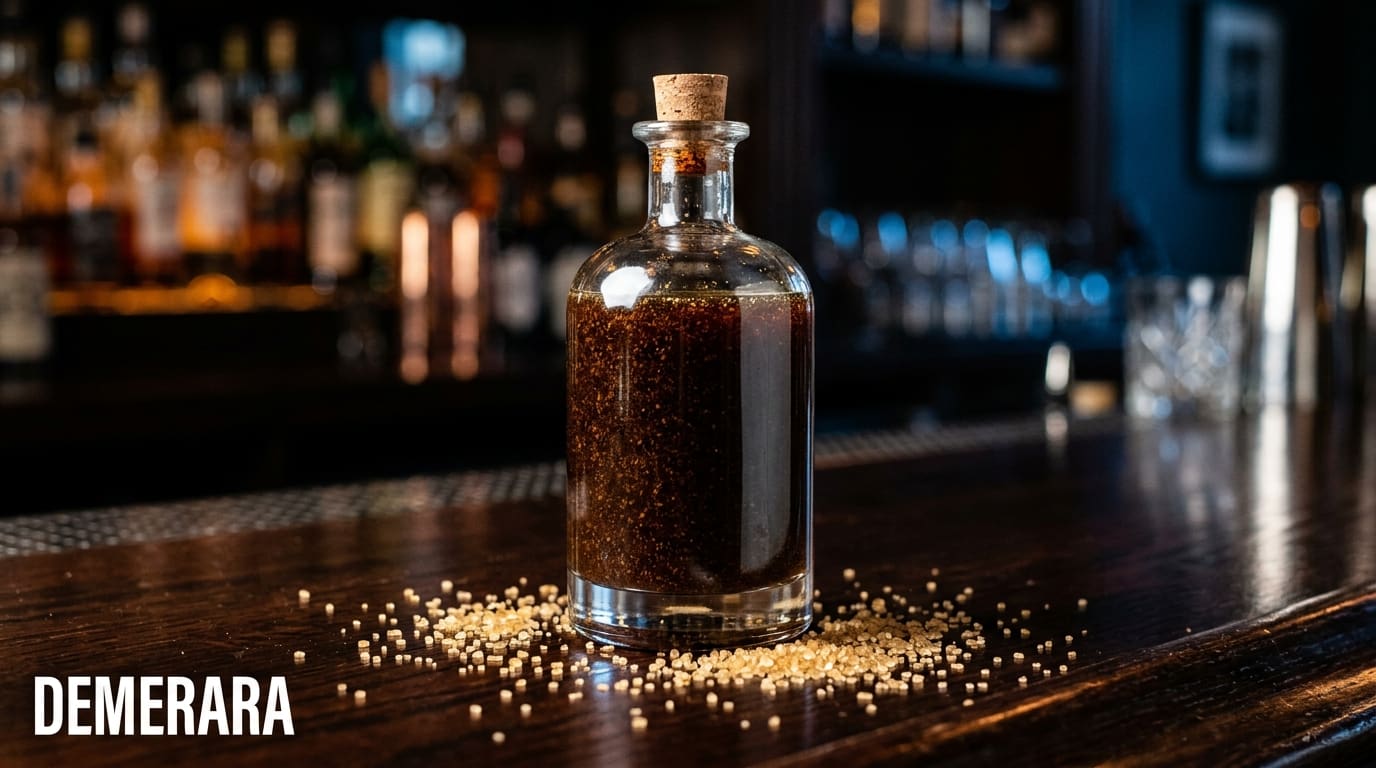A clear glass bottle of deep amber demerara sugar syrup, noticeably darker than white-sugar syrups.