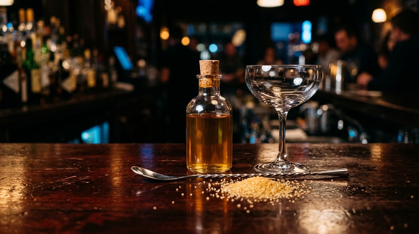 A bottle of sugar syrup beside an empty coupe glass with a bar spoon and sugar crystals on the bar.