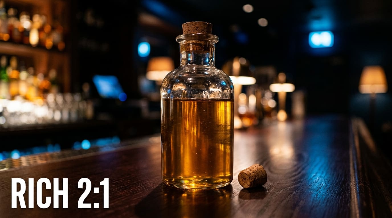 A clear glass bottle of deeper golden 2:1 rich sugar syrup, more viscous than simple.