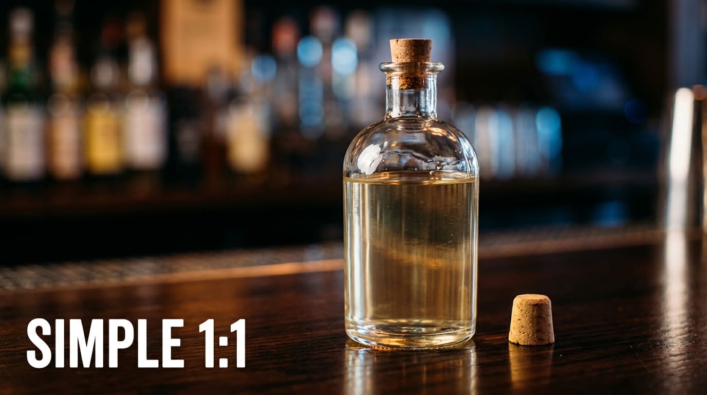 A clear glass bottle of pale thin 1:1 simple sugar syrup on a dark bar counter.