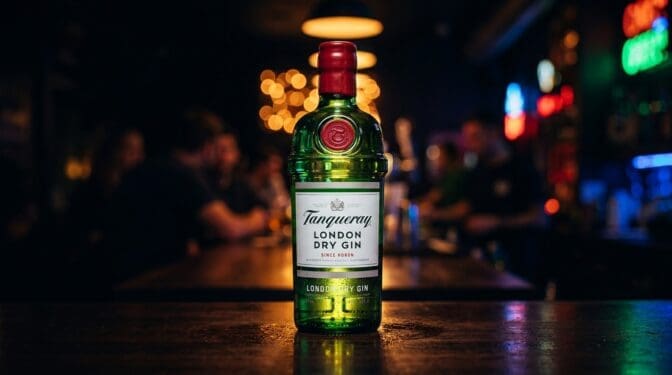 Tanqueray London Dry gin bottle on a dark bar.