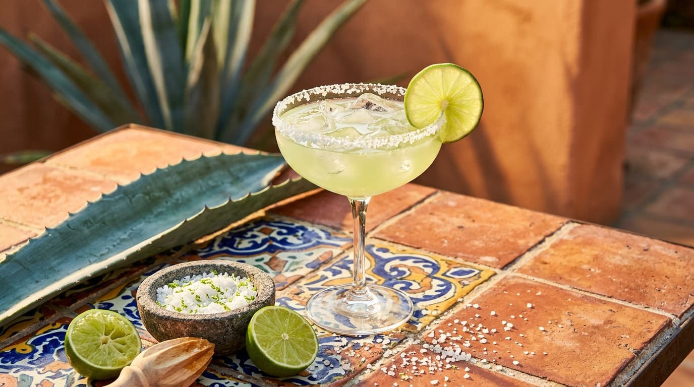 Classic margarita on a rustic Mexican cantina table