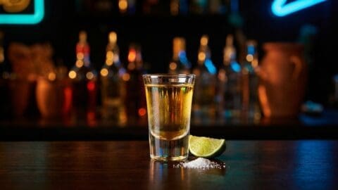 Traditional tequila shot setup with salt, lime wedge and a shot glass of tequila on a wooden bar