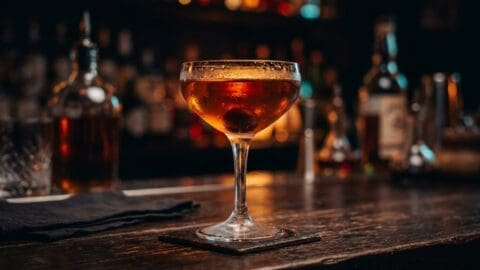 Bourbon Manhattan cocktail with a brandied cherry in a crystal coupe