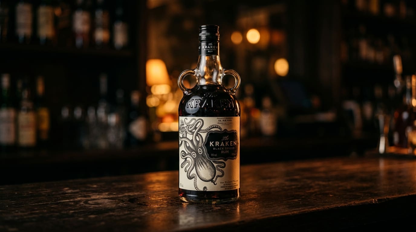 The Kraken Black Spiced rum bottle with the iconic kraken artwork on a dark bar.