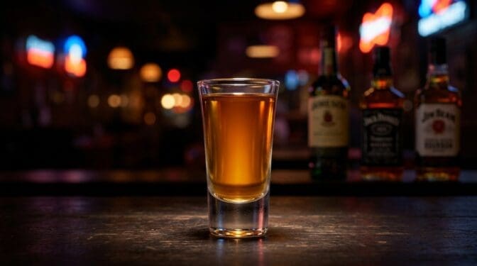 Three Wise Men shot of equal parts Jameson, Jack Daniel's and Jim Beam in a tall shot glass, deep amber gold