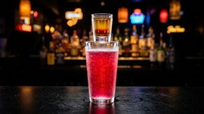 Vegas Bomb shot with Crown Royal and peach schnapps in a shot glass over a pint glass of Red Bull and cranberry