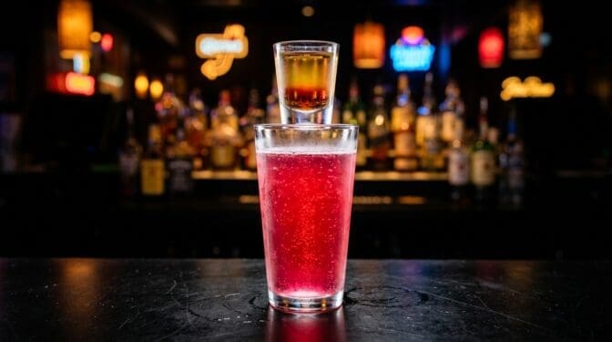 Vegas Bomb shot with Crown Royal and peach schnapps in a shot glass over a pint glass of Red Bull and cranberry