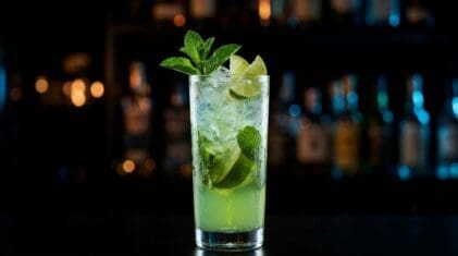 Virgin Mojito mocktail with fresh mint, lime, and crushed ice.