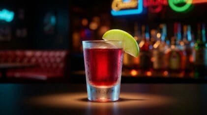 Washington Apple shot in a shot glass with deep red colour from Crown Royal, sour apple schnapps and cranberry