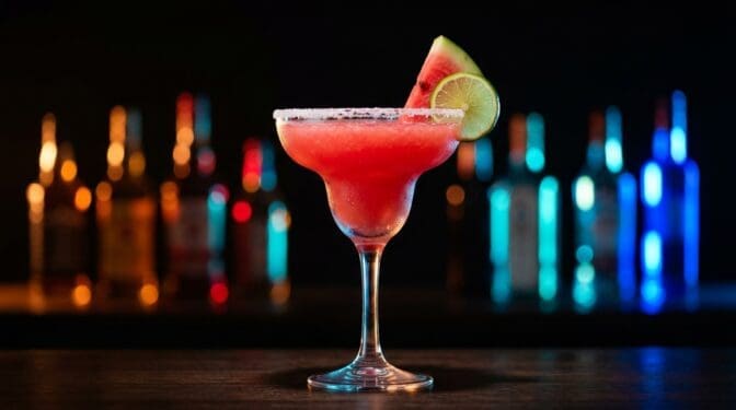 Watermelon Margarita in a salt-rimmed margarita glass, vivid pink-red colour with watermelon wedge and lime wheel garnish
