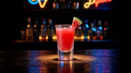 Watermelon shot in a shot glass with pink colour from vodka, watermelon liqueur and sour mix
