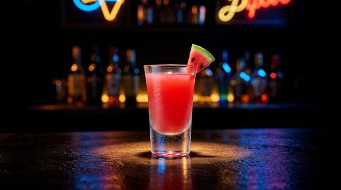Watermelon shot in a shot glass with pink colour from vodka, watermelon liqueur and sour mix