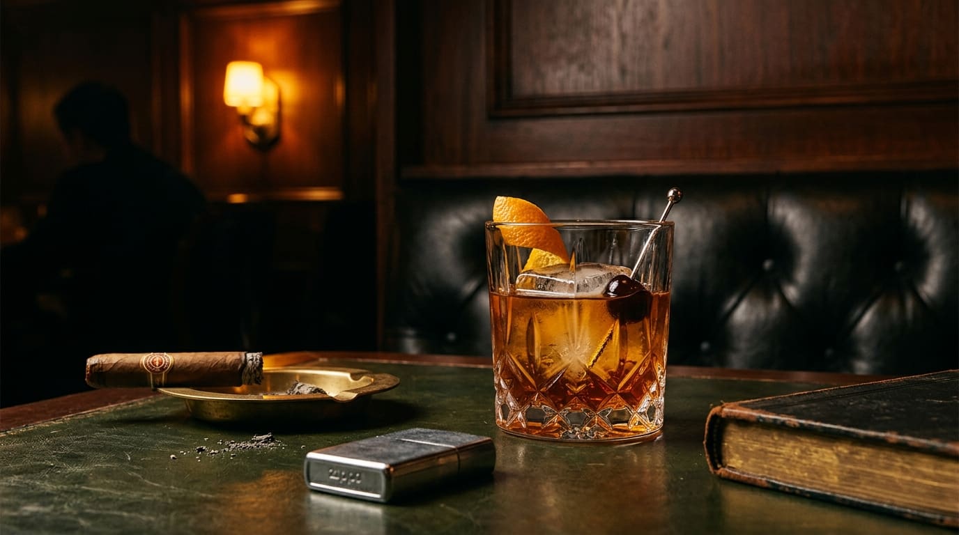 Old Fashioned in a leather steakhouse booth