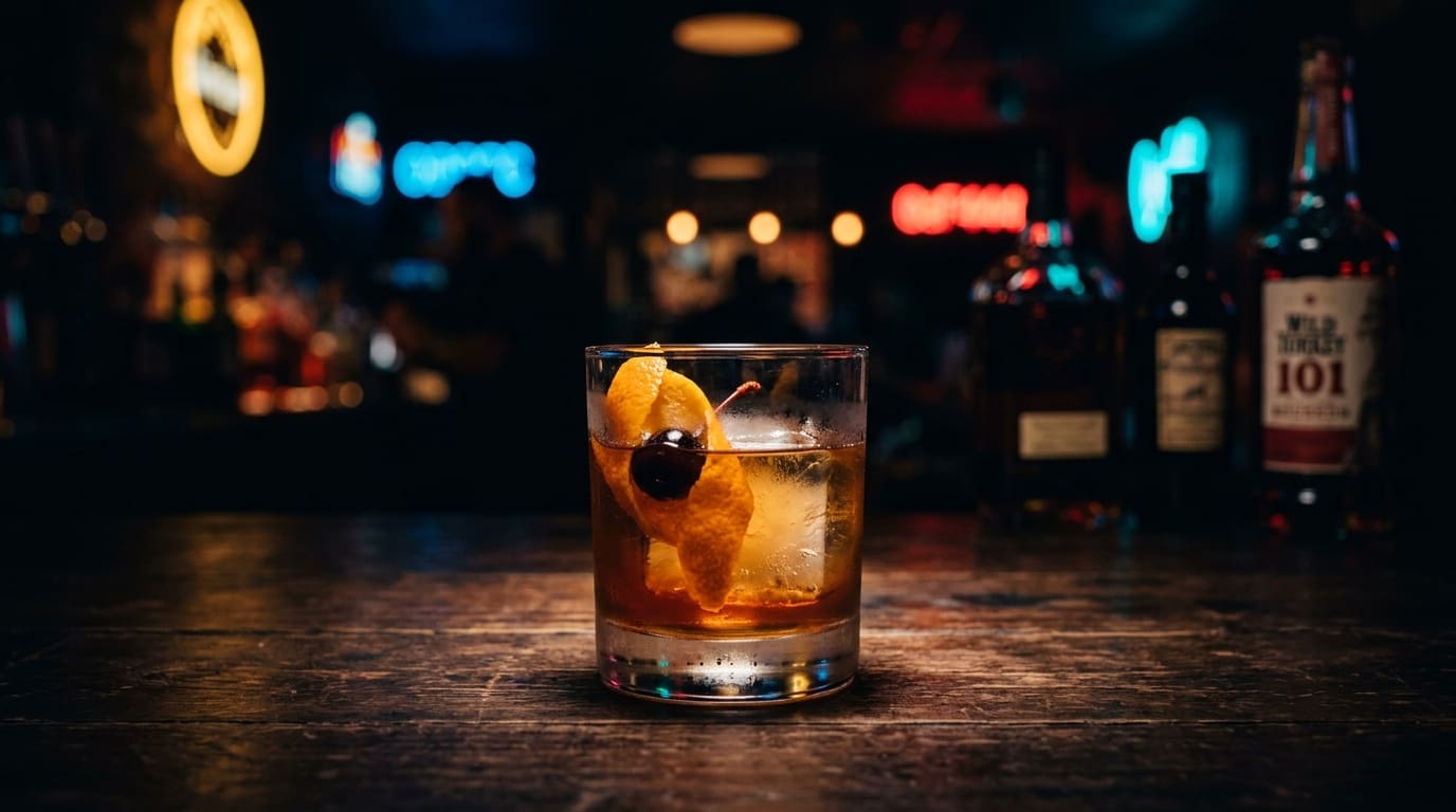 Wild Turkey 101 bourbon bottle on a dark bar.